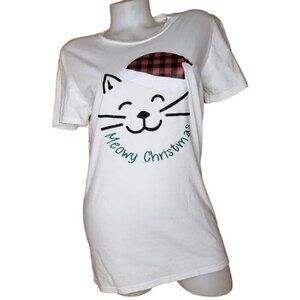 WHITE MEOWY CHRISTMAS T SHIRT SIZE SMALL